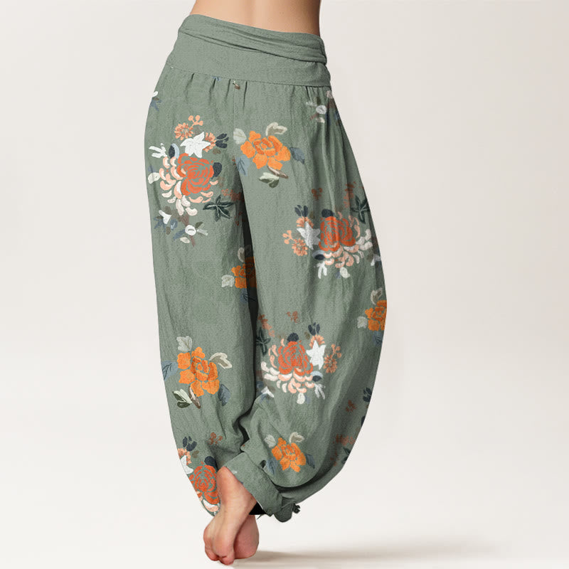 Pantalones Buddha Stones de algodón puro con estampado de flores y hojas de colores vibrantes para mujer, con cintura elástica - image 6