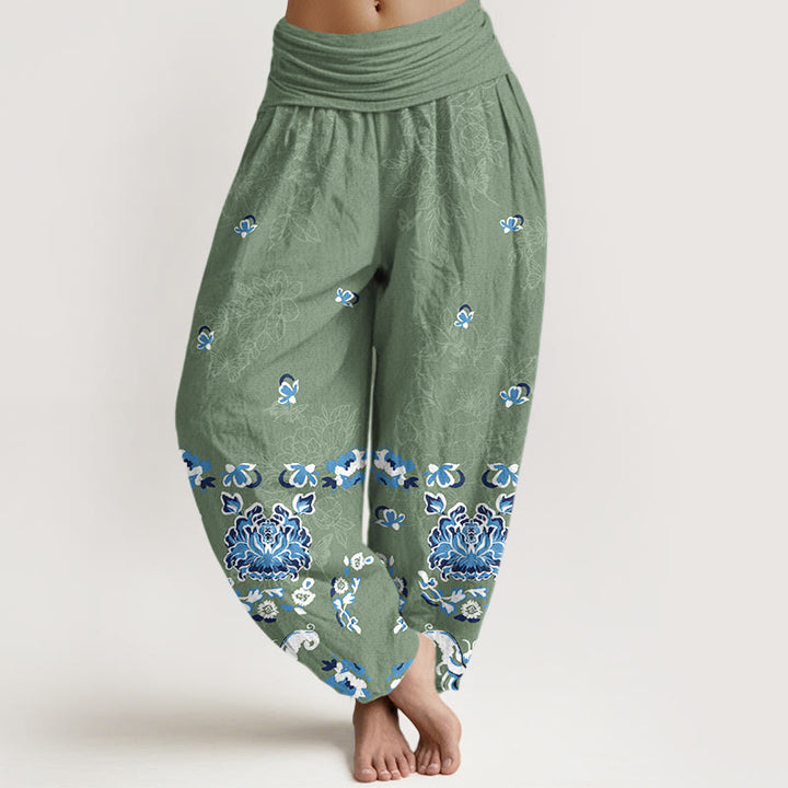 Pantalones Buddha Stones de algodón puro con estampado clásico de flores y mariposas para mujer, cintura elástica - Verde mar medio - US16，UK/AU20，EU48 (3XL) - image 5