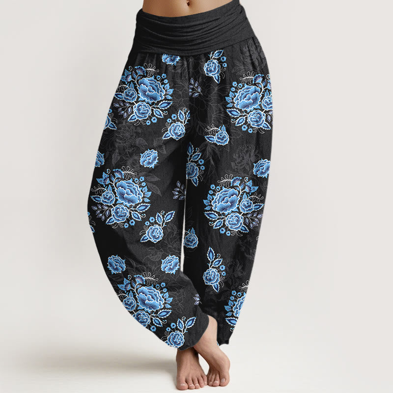 Pantalones harén de algodón puro con estampado floral azul de Buddha Stones para mujer, cintura elástica - Negro - US16，UK/AU20，EU48 (3XL) - image 0