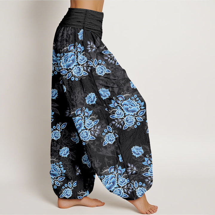 Pantalones harén de algodón puro con estampado floral azul de Buddha Stones para mujer, cintura elástica - image 2