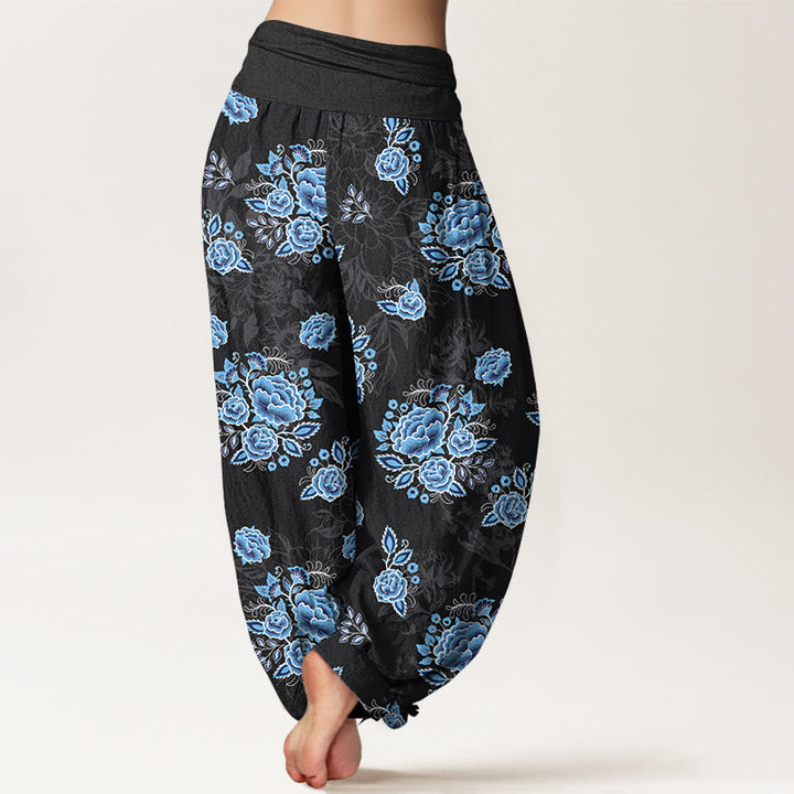 Pantalones harén de algodón puro con estampado floral azul de Buddha Stones para mujer, cintura elástica - image 1