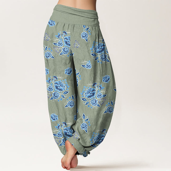 Pantalones harén de algodón puro con estampado floral azul de Buddha Stones para mujer, cintura elástica - image 6