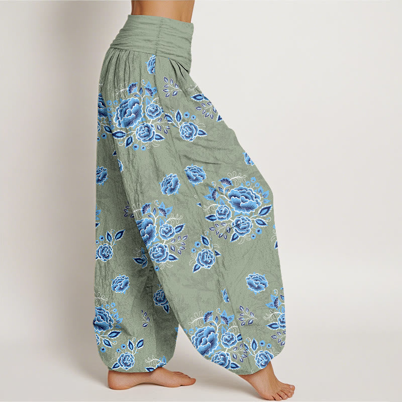 Pantalones harén de algodón puro con estampado floral azul de Buddha Stones para mujer, cintura elástica - image 7