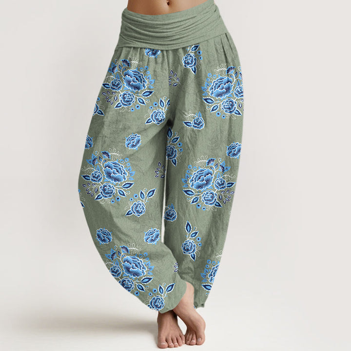 Pantalones harén de algodón puro con estampado floral azul de Buddha Stones para mujer, cintura elástica - Verde mar oscuro - US16，UK/AU20，EU48 (3XL) - image 5