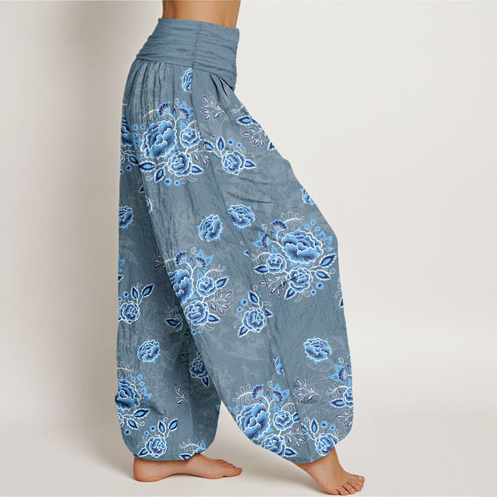 Pantalones harén de algodón puro con estampado floral azul de Buddha Stones para mujer, cintura elástica - image 10