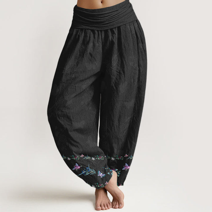 Pantalones harén de algodón puro con Buddha Stones, diseño de mariposas y flores, cintura elástica, para mujer - Negro - US16，UK/AU20，EU48 (3XL) - image 0