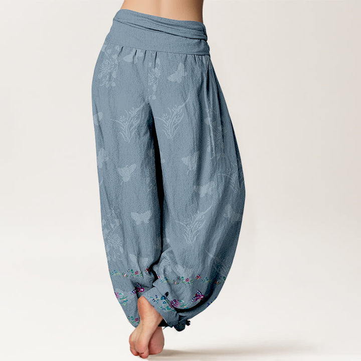 Pantalones harén de algodón puro con Buddha Stones, diseño de mariposas y flores, cintura elástica, para mujer - image 6