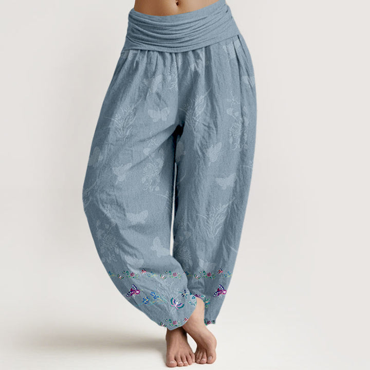 Pantalones harén de algodón puro con Buddha Stones, diseño de mariposas y flores, cintura elástica, para mujer - Azul claro - US16，UK/AU20，EU48 (3XL) - image 5