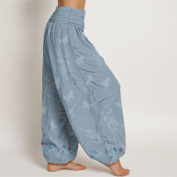Pantalones harén de algodón puro con Buddha Stones, diseño de mariposas y flores, cintura elástica, para mujer - image 7
