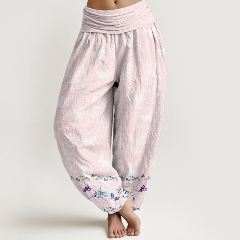 Pantalones harén de algodón puro con Buddha Stones, diseño de mariposas y flores, cintura elástica, para mujer - Rosa Misty - US16，UK/AU20，EU48 (3XL) - image 8