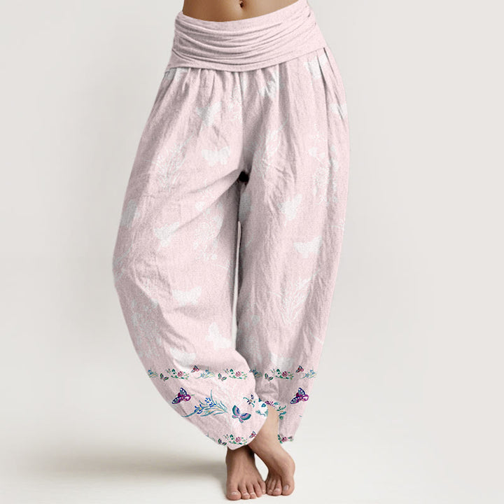 Pantalones harén de algodón puro con Buddha Stones, diseño de mariposas y flores, cintura elástica, para mujer - Rosa Misty - US16，UK/AU20，EU48 (3XL) - image 8