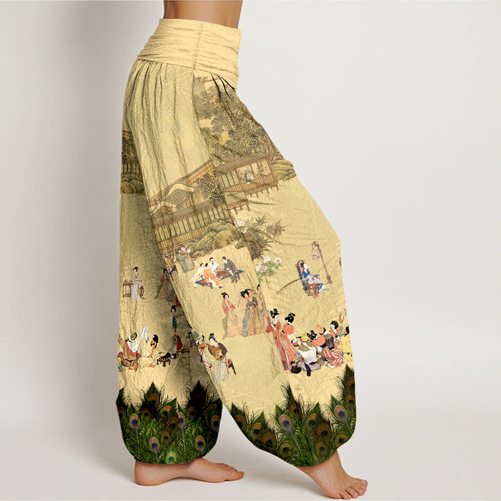 Pantalones harén de algodón puro con Buddha Stones , colores suaves, personas, edificios, plumas de pavo real, árboles, flores y rocas, cintura elástica para mujer - image 2