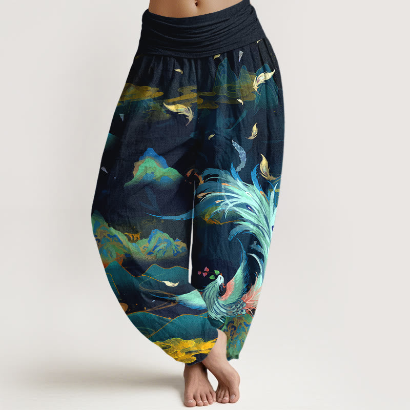 Pantalones Buddha Stones de algodón puro con diseño de nubes y montañas de fénix para mujer, cintura elástica - Azul medianoche - US16，UK/AU20，EU48 (3XL) - image 0
