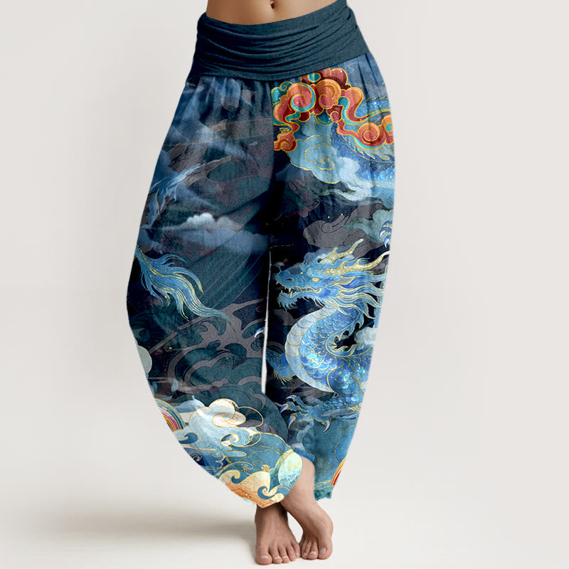 Pantalones Buddha Stones de algodón puro con diseño de dragón, nube y arcoíris, con cintura elástica, para mujer - Azul acero - US16，UK/AU20，EU48 (3XL) - image 0