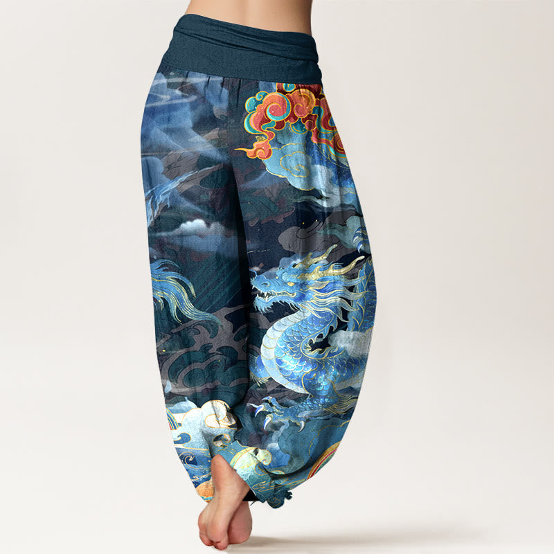 Pantalones Buddha Stones de algodón puro con diseño de dragón, nube y arcoíris, con cintura elástica, para mujer - image 1