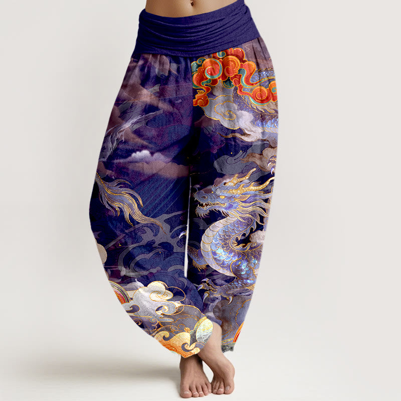Pantalones Buddha Stones de algodón puro con diseño de dragón, nube y arcoíris, con cintura elástica, para mujer - Índigo - US16，UK/AU20，EU48 (3XL) - image 5