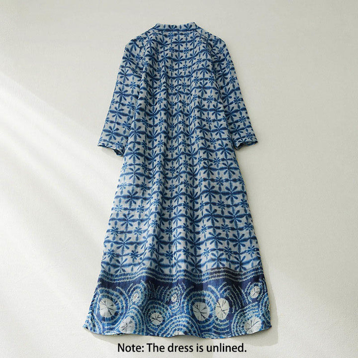 Vestido midi recto de manga corta con estampado floral azul y rayas de Buddha Stones, forma circular, cuello alto y bolsillos. - image 1