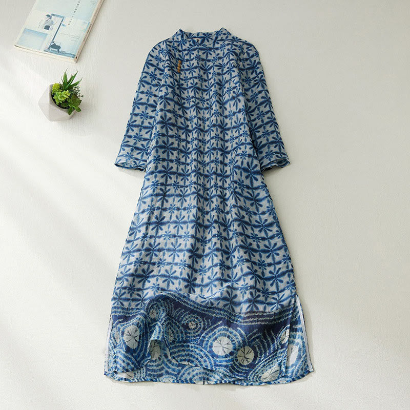 Vestido midi recto de manga corta con estampado floral azul y rayas de Buddha Stones, forma circular, cuello alto y bolsillos. - Azul aciano - US12, UK/AU16, EU44 (3XL) - image 0