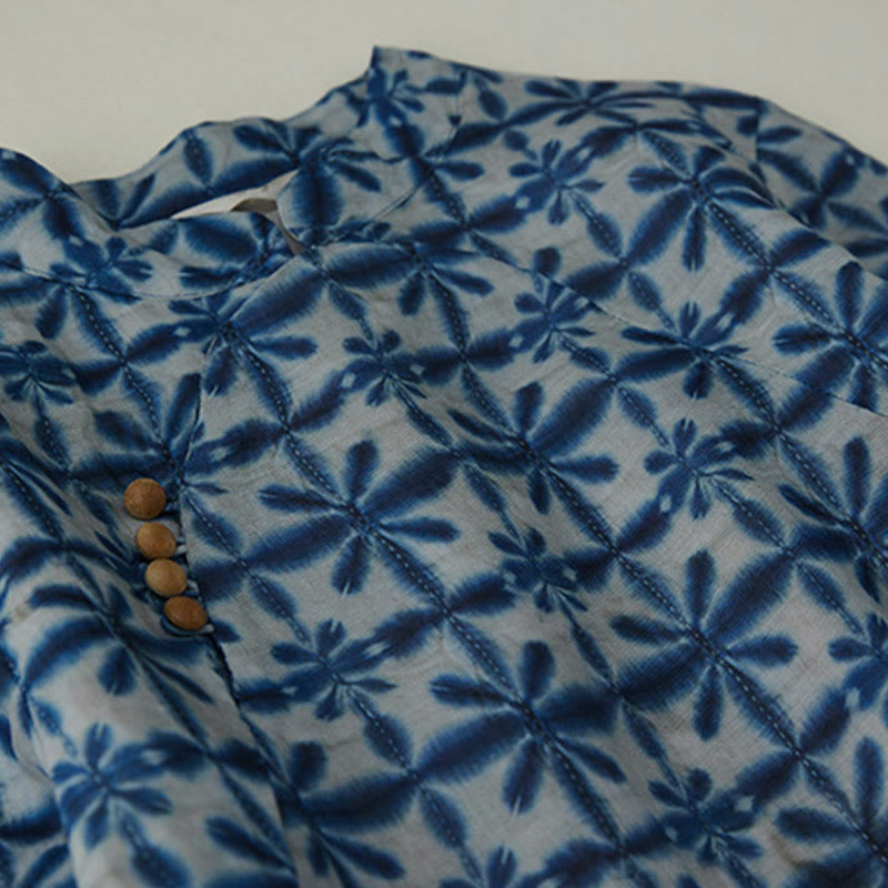 Vestido midi de manga corta con bolsillos y diseño circular de cuello alto con rayas florales azules de verano de Buddha Stones - image 2