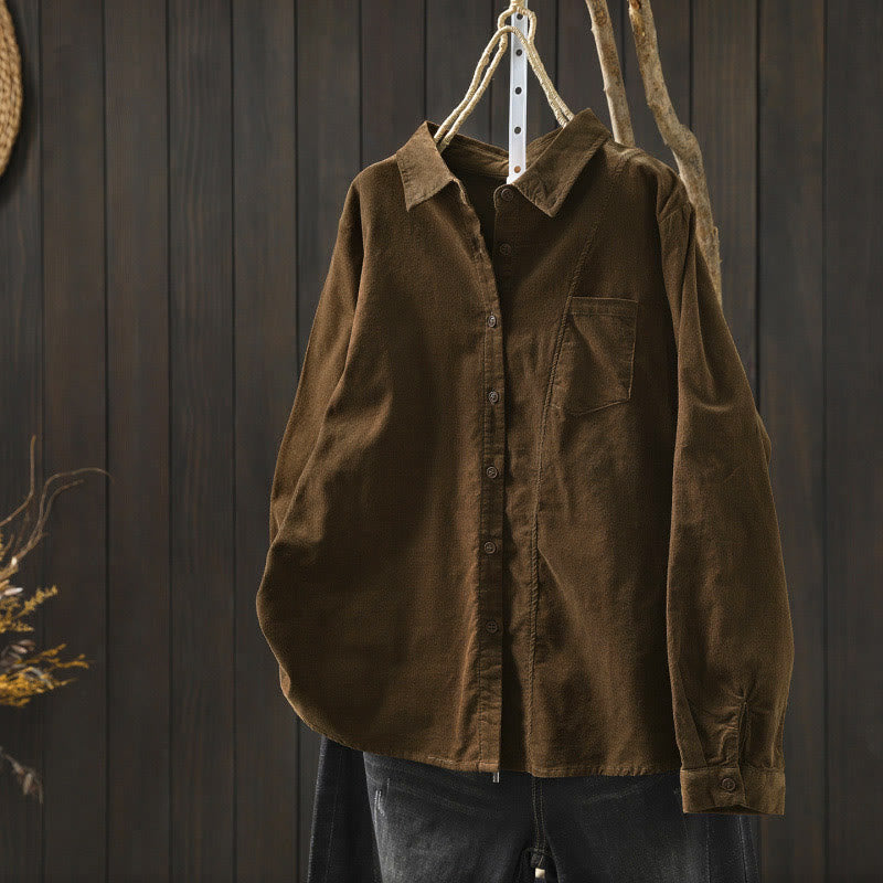 Camisa de algodón de manga larga para mujer con cuello alto, bolsillos decorativos y Buddha Stones en otoño - Marrón silla de montar - US4，UK/AU8，EU36 (L) - image 0