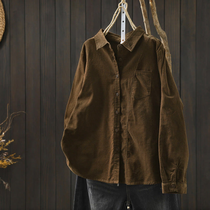 Camisa de algodón de manga larga para mujer con cuello alto, bolsillos decorativos y Buddha Stones en otoño - Marrón silla de montar - US4，UK/AU8，EU36 (L) - image 0