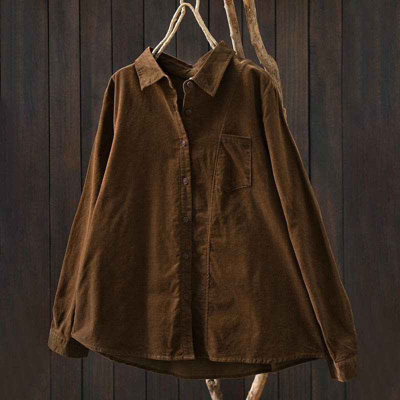 Camisa de algodón de manga larga para mujer con cuello alto, bolsillos decorativos y Buddha Stones en otoño - image 1