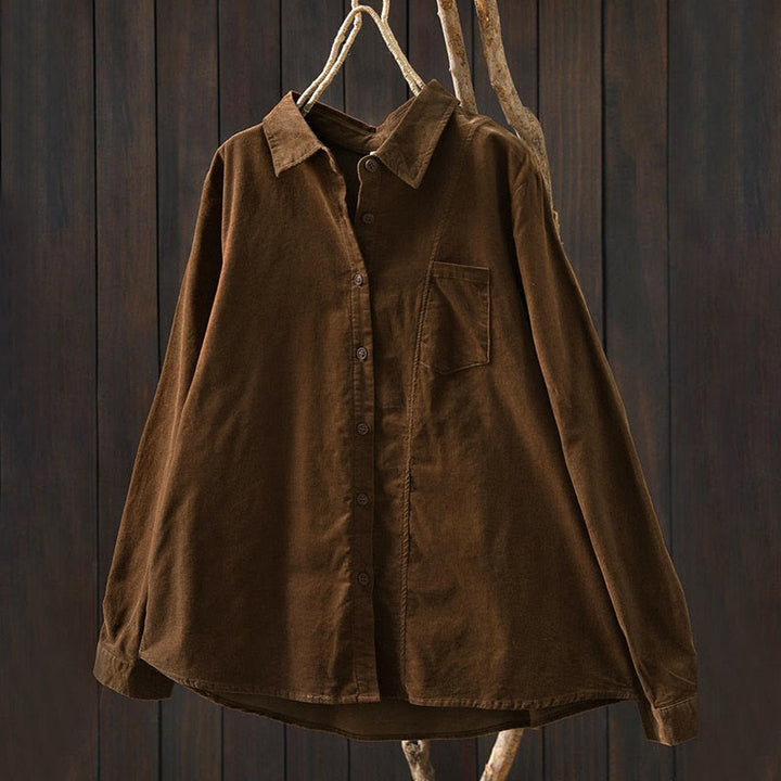 Camisa de algodón de manga larga para mujer con cuello alto, bolsillos decorativos y Buddha Stones en otoño - image 1