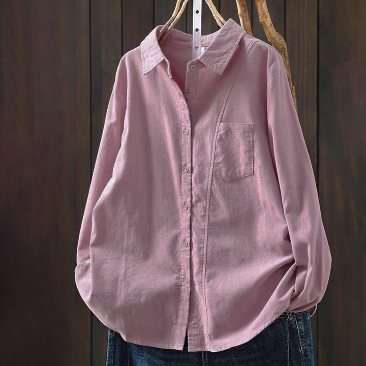 Camisa de algodón de manga larga para mujer con cuello alto, bolsillos decorativos y Buddha Stones en otoño - image 20