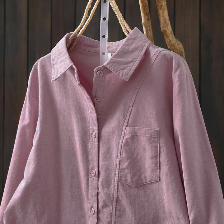 Camisa de algodón de manga larga para mujer con cuello alto, bolsillos decorativos y Buddha Stones en otoño - image 21