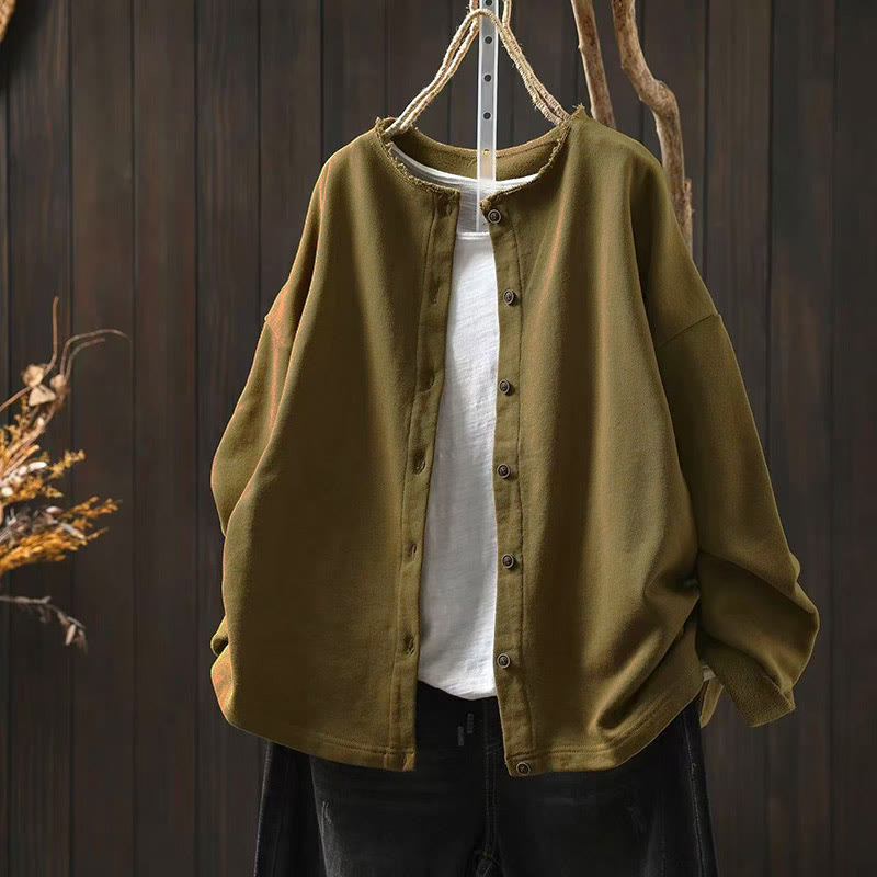 Camisa de algodón para mujer, de manga larga, cuello redondo y botones, con estampado de Buddha Stones - Caqui oscuro - US4-8/10, UK/AU8-12/14, EU36-40/42 (F) - image 0