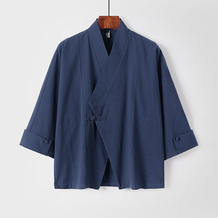 Chaqueta kimono de algodón y lino para hombre, estilo chino, con botones de rana y Buddha Stones, de media manga - Azul acero - US/UK/AU54, EU64 (9XL) - image 0