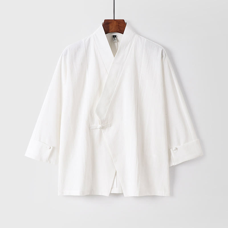 Chaqueta kimono de algodón y lino para hombre, estilo chino, con botones de rana y Buddha Stones, de media manga - Blanco - US/UK/AU54, EU64 (9XL) - image 12