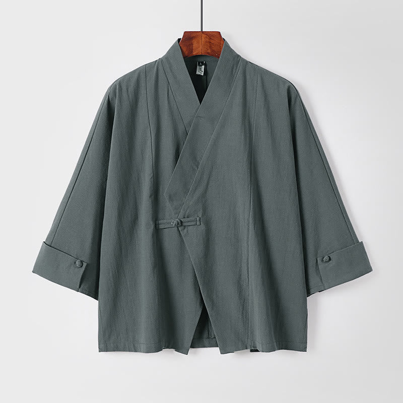Chaqueta kimono de algodón y lino para hombre, estilo chino, con botones de rana y Buddha Stones, de media manga - Azul cadete - US/UK/AU54, EU64 (9XL) - image 1