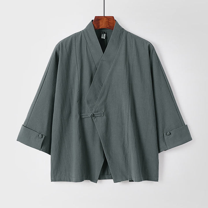Chaqueta kimono de algodón y lino para hombre, estilo chino, con botones de rana y Buddha Stones, de media manga - Azul cadete - US/UK/AU54, EU64 (9XL) - image 1