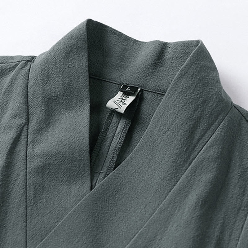 Chaqueta kimono de algodón y lino para hombre, estilo chino, con botones de rana y Buddha Stones, de media manga - image 3