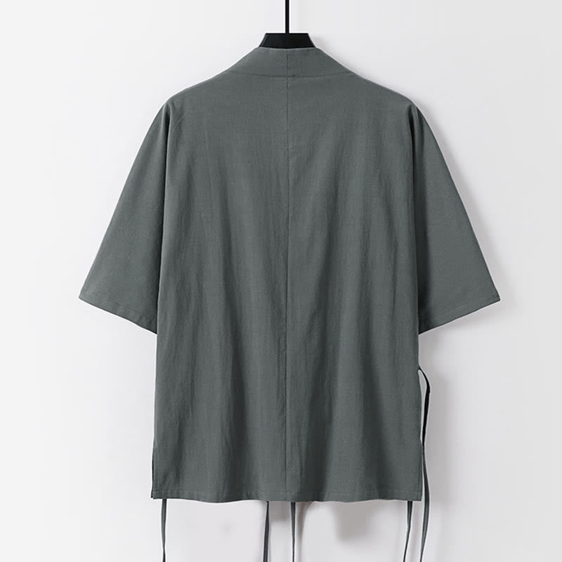 Kimono de lino y algodón con mangas tres cuartos para hombre, con estampado de Buddha Stones, liso, con cordones - image 1