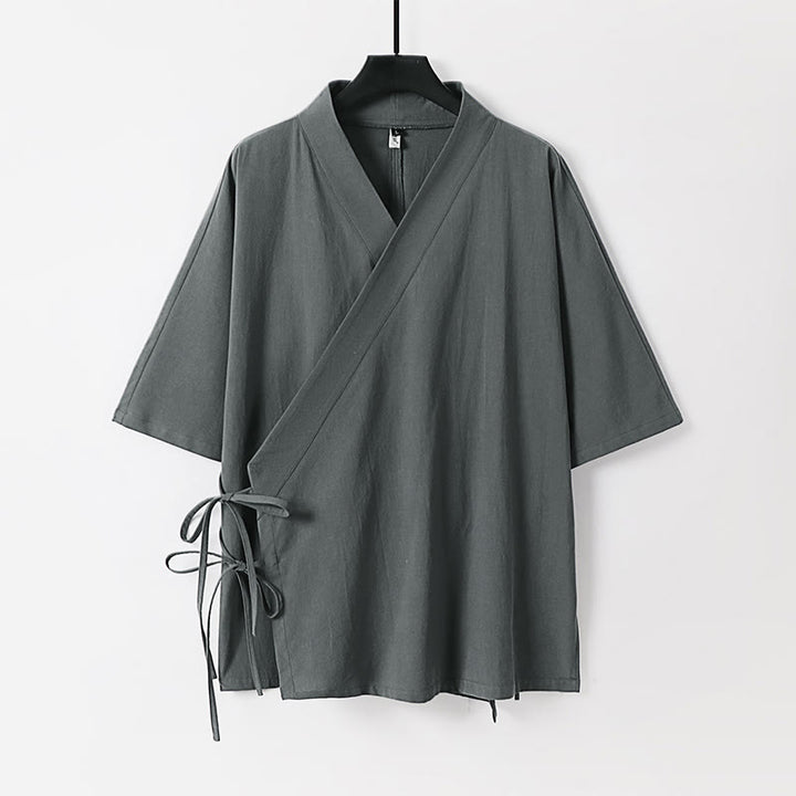 Kimono de lino y algodón con mangas tres cuartos para hombre, con estampado de Buddha Stones, liso, con cordones - Gris - US/UK/AU54, EU64 (9XL) - image 0