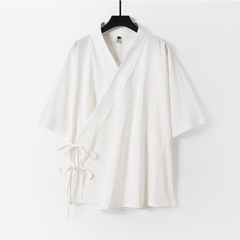 Kimono de lino y algodón con mangas tres cuartos para hombre, con estampado de Buddha Stones, liso, con cordones - Blanco - US/UK/AU54, EU64 (9XL) - image 11