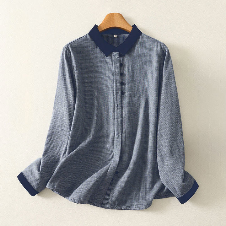 Camisa de manga larga para mujer con diseño de bloques de color azul a rayas y cuello alto con botones y estampado Buddha Stones Fall - Azul acero claro - US8-10，UK/AU12-14，EU40-42 (2XL) - image 0