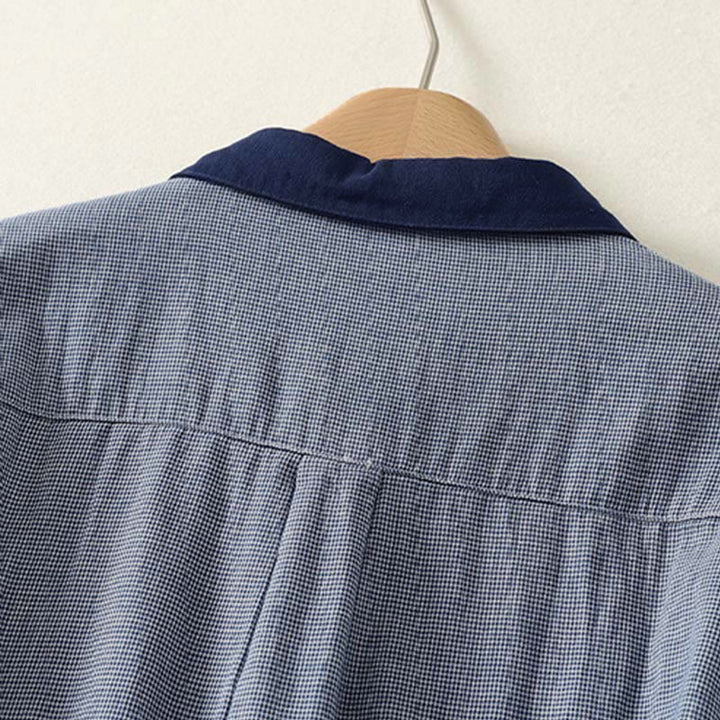 Camisa de manga larga para mujer con diseño de bloques de color azul a rayas y cuello alto con botones y estampado Buddha Stones Fall - image 3