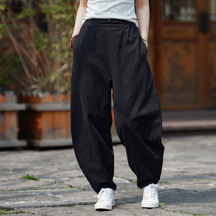 Pantalones de lino y algodón para hombre, de pierna recta, con botones de rana chinos y bolsillos, de verano, con estampado de Buddha Stones - Negro - US/UK/AU46, EU56 (5XL) - image 17