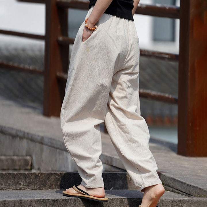Pantalones de lino y algodón para hombre, de pierna recta, con botones de rana chinos y bolsillos, de verano, con estampado de Buddha Stones - image 3