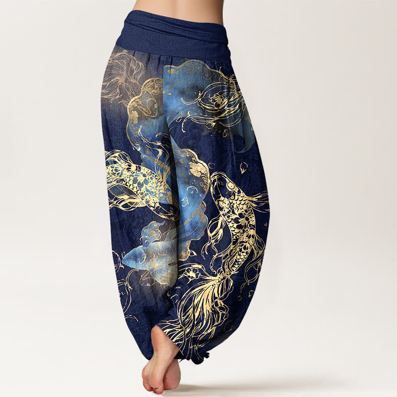 Pantalones Buddha Stones de algodón puro con estampado de peces koi para mujer, cintura elástica - image 1