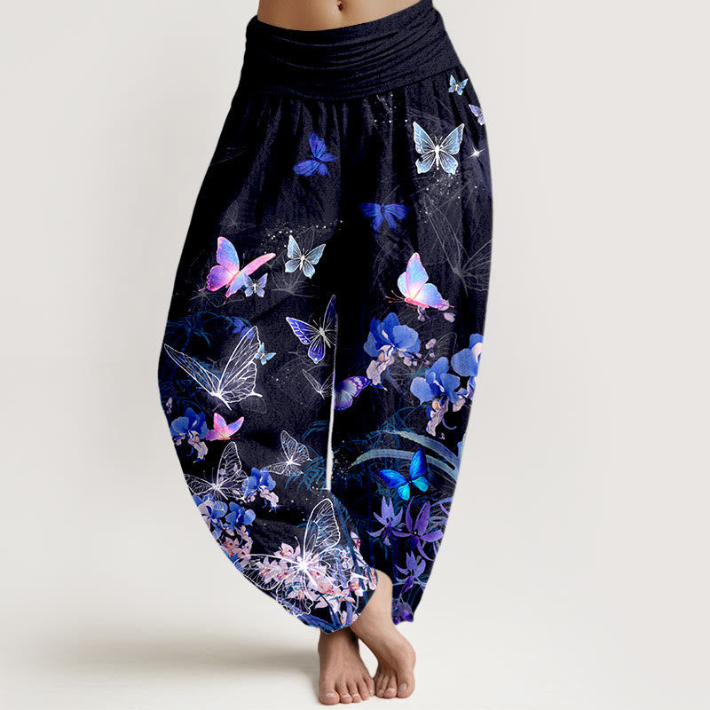 Pantalones harén de cintura elástica para mujer con diseño de flores de mariposa y bambú, de algodón puro y piedras de Buddha Stones - Negro - US16，UK/AU20，EU48 (3XL) - image 0