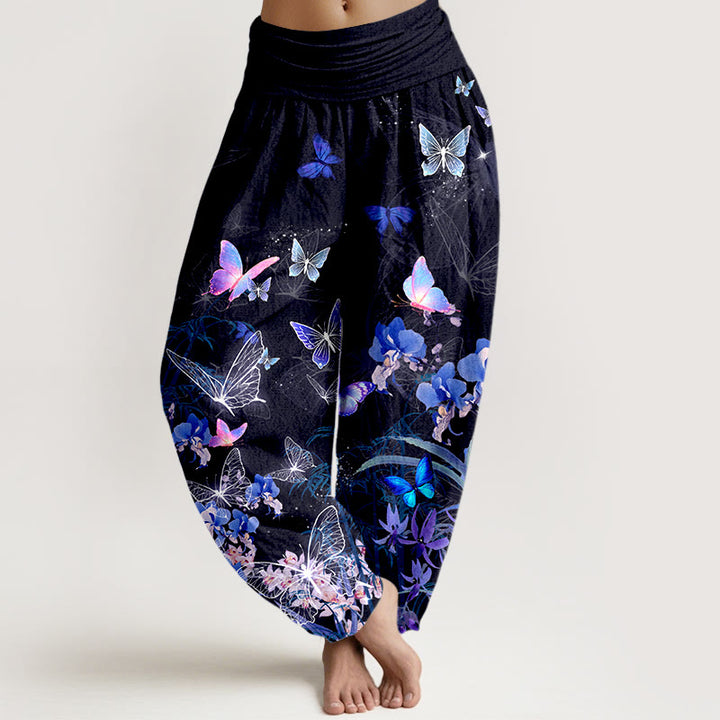 Pantalones harén de cintura elástica para mujer con diseño de flores de mariposa y bambú, de algodón puro y piedras de Buddha Stones - Negro - US16，UK/AU20，EU48 (3XL) - image 0
