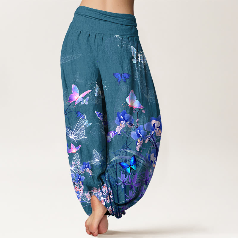 Pantalones harén de cintura elástica para mujer con diseño de flores de mariposa y bambú, de algodón puro y piedras de Buddha Stones - image 6