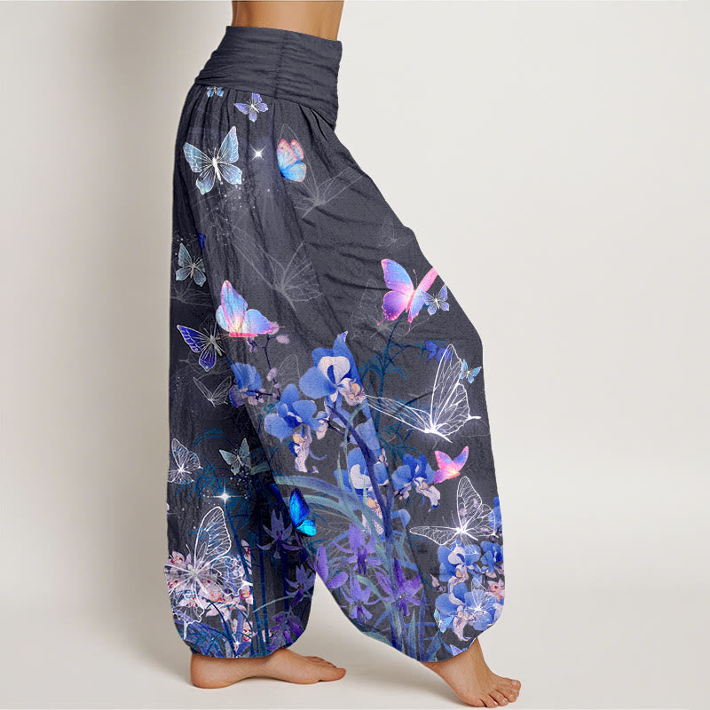 Pantalones harén de cintura elástica para mujer con diseño de flores de mariposa y bambú, de algodón puro y piedras de Buddha Stones - image 10