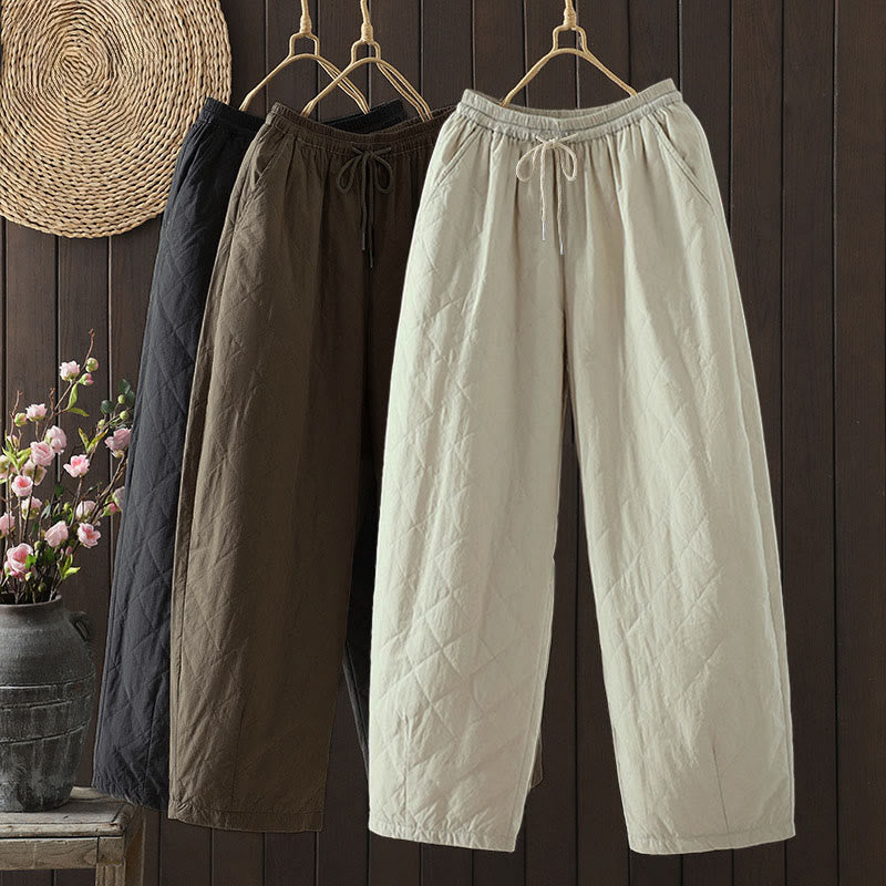 Pantalones gruesos de algodón y poliéster con estampado de rombos y Buddha Stones para mujer con bolsillos - image 0