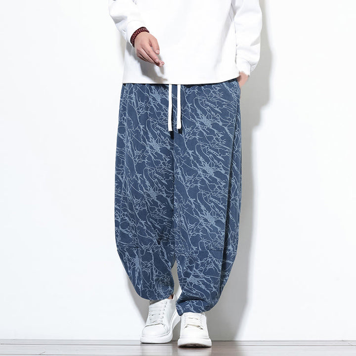 Pantalones harén para hombre, de algodón, con cintura elástica y bolsillos, estampado de líneas texturizadas y Buddha Stones en otoño. - Azul acero - US/UK/AU46, EU56 (5XL) - image 0