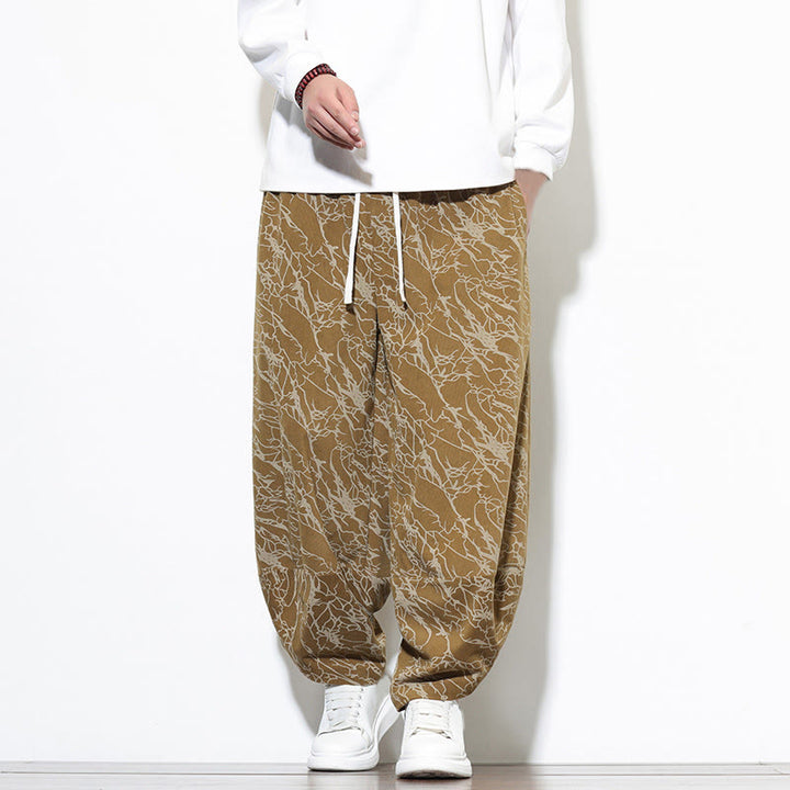 Pantalones harén para hombre, de algodón, con cintura elástica y bolsillos, estampado de líneas texturizadas y Buddha Stones en otoño. - Vara de oro - US/UK/AU46, EU56 (5XL) - image 16